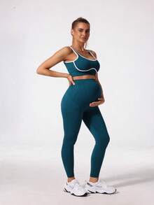 Maternity High Waist Seamless Elastic Solid Color Leggings, Suitable For Casual Daily Wear Spring - Hunter Green - View 3
