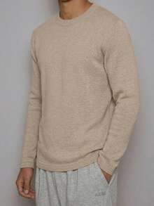 Men's Khaki Soft Thermal Lined Vertical Striped Long Sleeve Top, Loose Fit Drop Shoulder Warm Crew Neck Casual Base Layer - Khaki - View 6