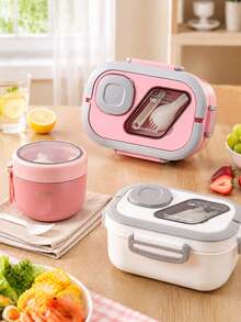 2pcs, Pink Lunch Box, Large Capacity Bento Box Set, Portable Lunch Box With Built-In Utensils, Perfect For Girls' Food Storage, Suitable For School, Work, And Outdoor Picnic Food Carrying - Pink - View 4