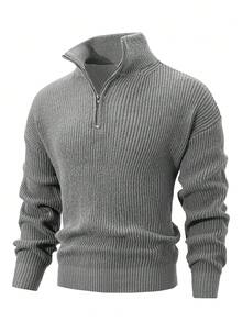 Men's Gray Chunky Ribbed Quarter Zip High Neck Sweater, Loose Drop Shoulder Textured Half Zip Knit Pullover Top - Grey - View 4