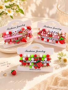 5pcs Bohemian Cute Sweet Pastoral Versatile Fashion Handmade Beaded Soft Clay, CCB, Letter, Strawberry Pendant, Layered, Elastic, Multi-Layer, Beaded Bracelet Set Suitable For Women Music Festival, Party, Bar, Large Gathering Perfect Gift, Gift For Friends And Family, All Seasons, Travel, Photography, Casual, Vacation Daily Wear - Multicolor - View 11