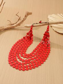 European & American African Exaggerated Vintage Bohemian Multi-Layer Colorful Wooden Bead Long Necklace - Red - View 4