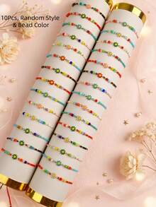 10pcs Colorful Daisy Beaded Adjustable Rope Bracelet Set, Bohemian Style Summer Handmade Woven Women's Daily Jewelry Gift - Small Flower Rice Bead Drawstring Bracelet - View 9