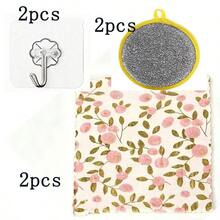 6pcs Set 2 Dish Sponges + 2 Hooks + 2 Coral Fleece Cleaning Cloths, Super Absorbent Quick Dry Soft Reusable Wipes For Kitchen, Bathroom, Glass, Car Wash, Coral Pink Pattern - 2 Sponges + 2 Towels + 2 Hooks - View 1