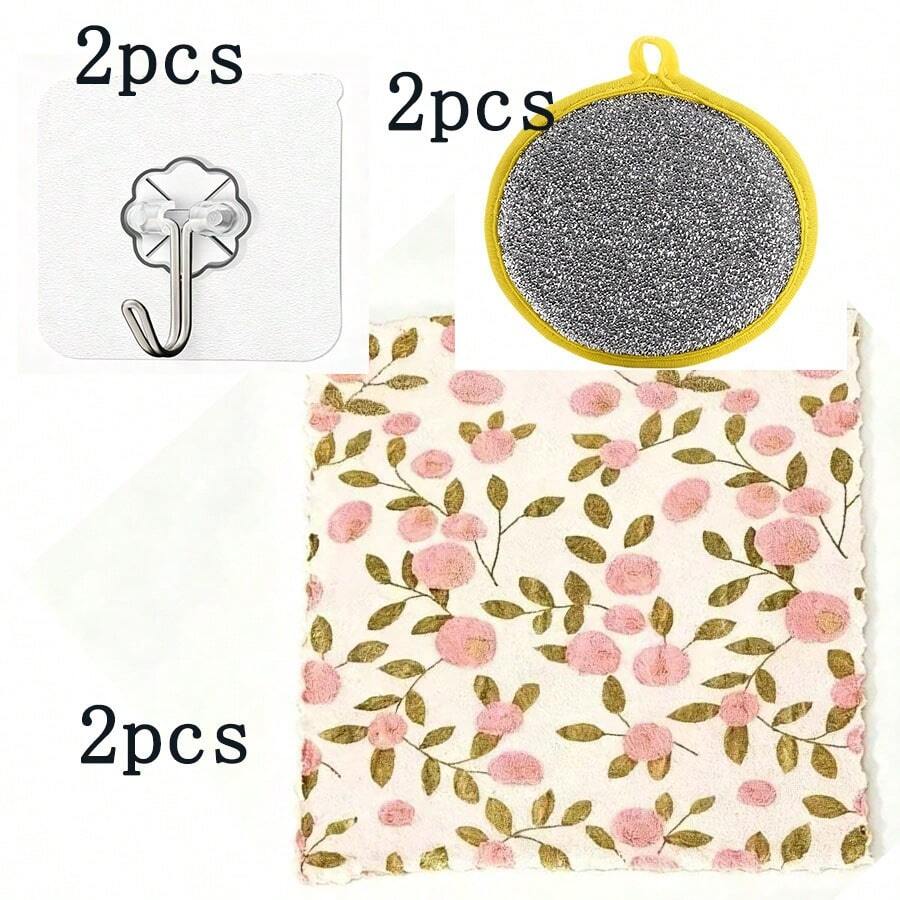 6pcs Set 2 Dish Sponges + 2 Hooks + 2 Coral Fleece Cleaning Cloths, Super Absorbent Quick Dry Soft Reusable Wipes For Kitchen, Bathroom, Glass, Car Wash, Coral Pink Pattern - 2 Sponges + 2 Towels + 2 Hooks - View 1