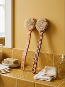 1pc Leopard Print Long Handle Bath Brush, Soft Bristle Back Scrubber, Exfoliating Body Massage Brush, Home Bathroom Accessory - Multicolor - View 2