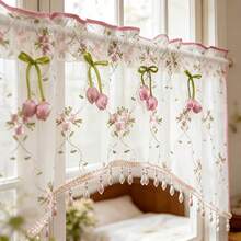 1pc French Romantic Floral Embroidered Arch Window Curtain, Pink Tulip Decorative Beaded Short Curtain, Rod Pocket Short Sheer Curtain, Pastoral Translucent Kitchen Bay Window Decorative Small Curtain - Baby Pink - View 3