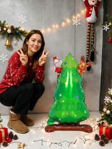 1/3件組聖誕立式鋁箔氣球套組，包含立式小聖誕樹、立式小雪人、立式小聖誕老人，適用於居家聖誕裝飾、商店櫥窗展示、聖誕派對、節日拍照背景 - 彩色 - 查看 7
