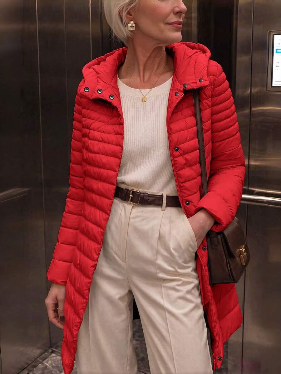 女款休閒連帽羽絨外套,附口袋,輕量,適合日常穿著 - 紅色 - 查看 1