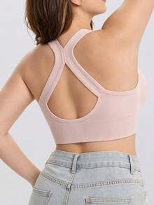 Women's Plus Size Sports Bra Pink Lingerie Front Zipper Criss-Cross Strap Bra - Pink - View 2