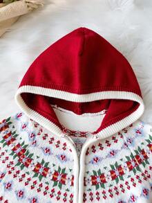 Girls' Preppy Floral Pattern Knit Cardigan With Pockets, Hooded Long Sleeve Sweater, Suitable For Daily School Wear In Spring, Autumn And Winter - Red - View 4