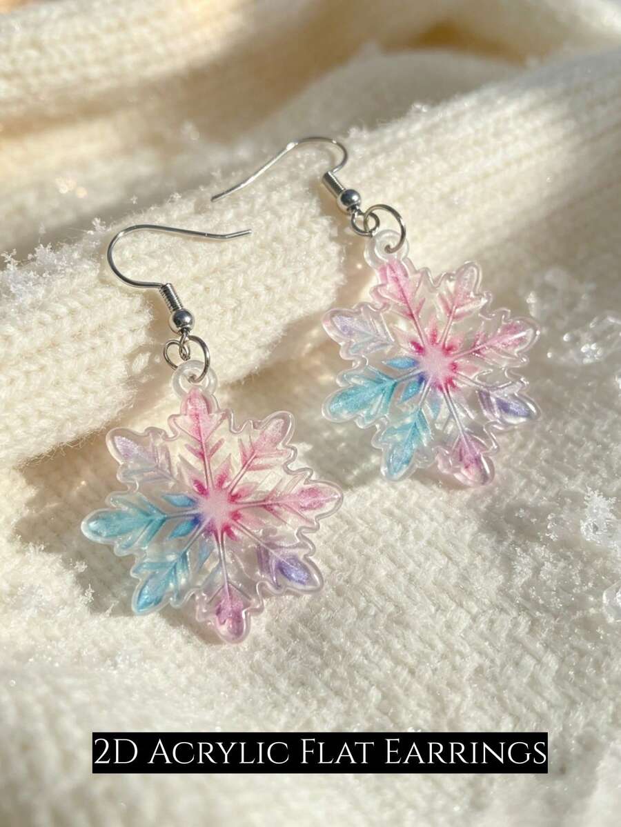 2D Iridescent Snowflake Dangle Earrings, Acrylic Material, Blue & Pink Iridescent Winter Christmas Earrings, Exquisite Gift - Iridescent Snowflake - View 1