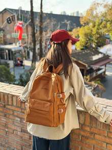 SHILAN Functional Side Buckle Cargo Backpack Lightweight Waterproof Nylon Fabric Simple Letter Print Large Capacity Street Style School Rucksack - Multicolor - View 9