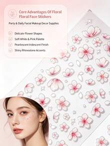 1pc Iridescent Pearlescent Flower Face Decoration Sticker With Rhinestone Embellishments, Soft Pink Floral Pattern, Waterproof Sweet Girl Style Makeup Decal For Birthday, Date, Photoshoot, Bridesmaid Makeup,Halloween Costume - Multicolor - View 2