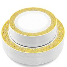 1/20/25/50pcs Luxury Gold Floral Hollow Rim Round Plate Set, Large Capacity Stackable Packaging, Elegant Gold Hollow Lace Design, Great For Photography And Atmosphere, Suitable For Theme Parties, Outdoor Gatherings, Store Events, Home Dinners, Bulk Purchase Party Decoration Plates - White With Gold Trim - View 2