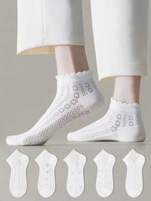 ZUJO 5 Pairs White Women's Bow Ruffle Short Socks, Cute Bow Pattern, Breathable And Comfortable, Suitable For Spring, Summer And Autumn, Random Color - White - View 4