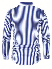 Men's Casual Long Sleeve Striped Shirt, Regular Fit, Machine Washable, Essential For Spring & Autumn, Classic Collar Top, Stylish Tailoring - Blue and White - View 3