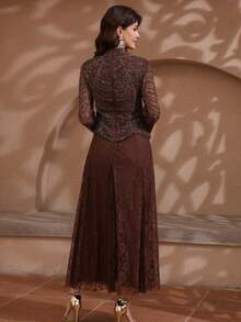 JINLICX Dark Brown High Neck Beaded Mesh Long Sleeve Lace Maxi Dress Luxury Formal Evening Gown For Wedding Banquet - Coffee Brown - View 6