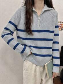 女款條紋圖案半拉鍊時尚針織毛衣 - 淺灰色 - 查看 3