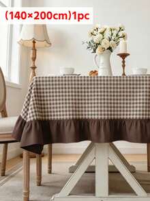 1pc Minimalist Pastoral Home Ruffle Trim Color Block Tablecloth, Brown & White Small Check Dust Cover, Washable & Reusable, Suitable For Dining Room, Kitchen, Banquet, Gathering, Homestay Decor, Holiday Party - Brown - View 9