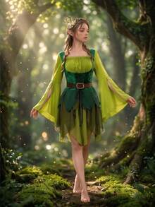 1pc COS Women's Medieval Green Fairy Dress, Halloween Costume - Multicolor - View 4