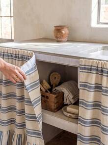 1/2pcs Beige & Blue Horizontal Striped Sink Skirt, Rustic Country Style Fabric Material, Rectangular Top With Pleated Detail And Bottom Ruffle Hem, Concealing Storage And Decorative Function, Kitchen Sink Curtain Suitable For Kitchen Sink Concealment And Natural Country Home Decor Scenes - Blue - View 3