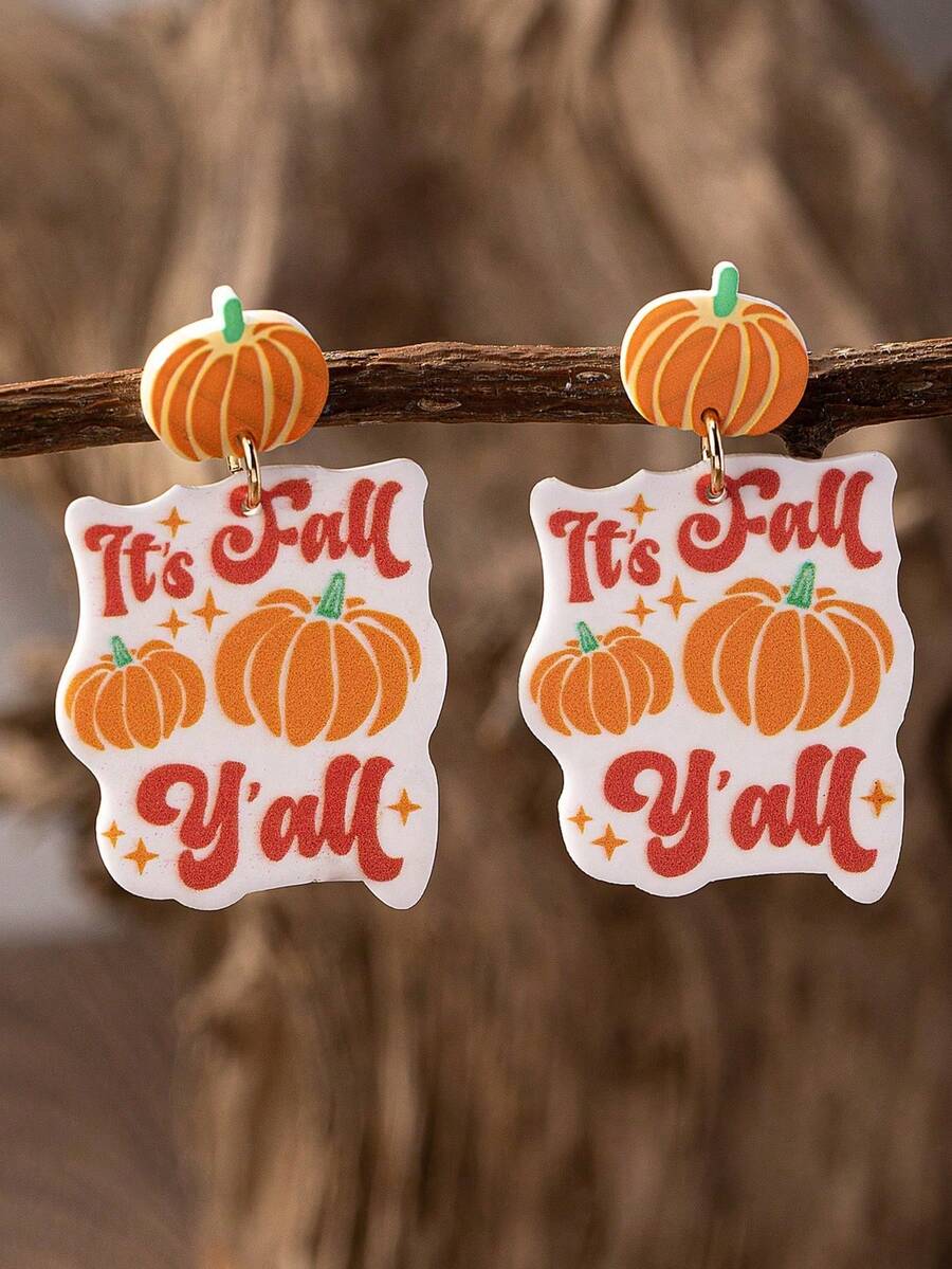 1 Pair Autumn Fall Theme Dangle Earrings Cute Pumpkin It's Fall Y'all Statement Drop Earrings Thanksgiving Harvest Party Costume Jewelry - Pumpkin Letter Earrings - View 1