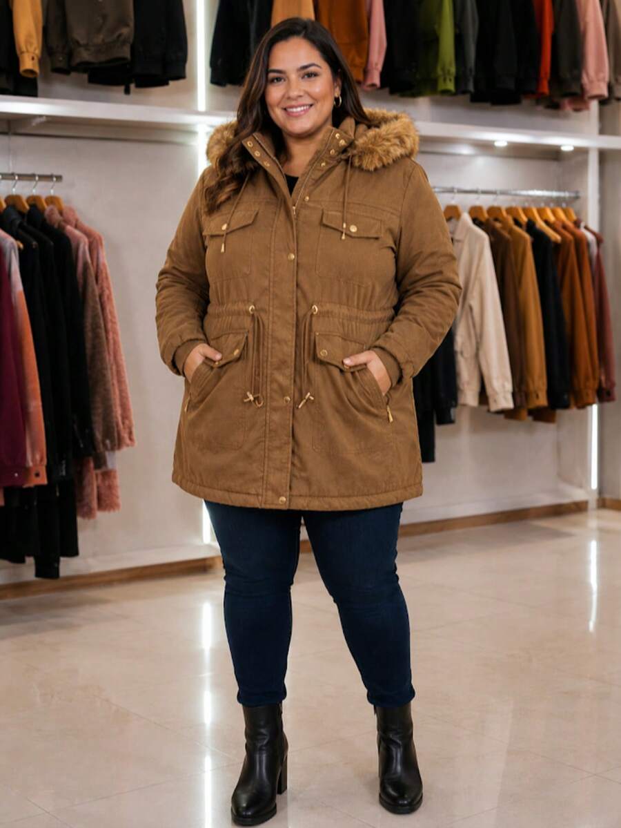 Casaco Parka de Sarja Plus Size Pelúcia Com Capuz Removível E ajuste Na Cintura E Bolsos  Casual    Jeans    Botão  Zíper    casaco feminina  Noite  Diário    inverno - Marrom Claro - Visão 1