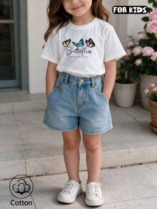 Soft And Comfortable Young Girls Short-Sleeve T-Shirt, Butterfly And Letter Print, Crew Neck Casual Style, Suitable For Daily Wear, Butterfly Pattern Print - White - View 3