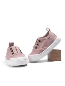 1 paire de chaussures plates en canevas rose pour petites filles, style minimaliste doux et sucré, à enfiler avec boutons, confortables, basses, décontractées, adaptées au printemps et à l'automne, pour pique-nique en plein air et promenade au jardin - Rose bonbon - Voir 3