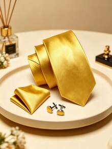 1件 Barry Wang 男士絲綢領帶套裝，金色與深綠色純色領帶、口袋巾、袖扣套組，適用婚禮、商務、宴會 - 黃色 - 查看 2