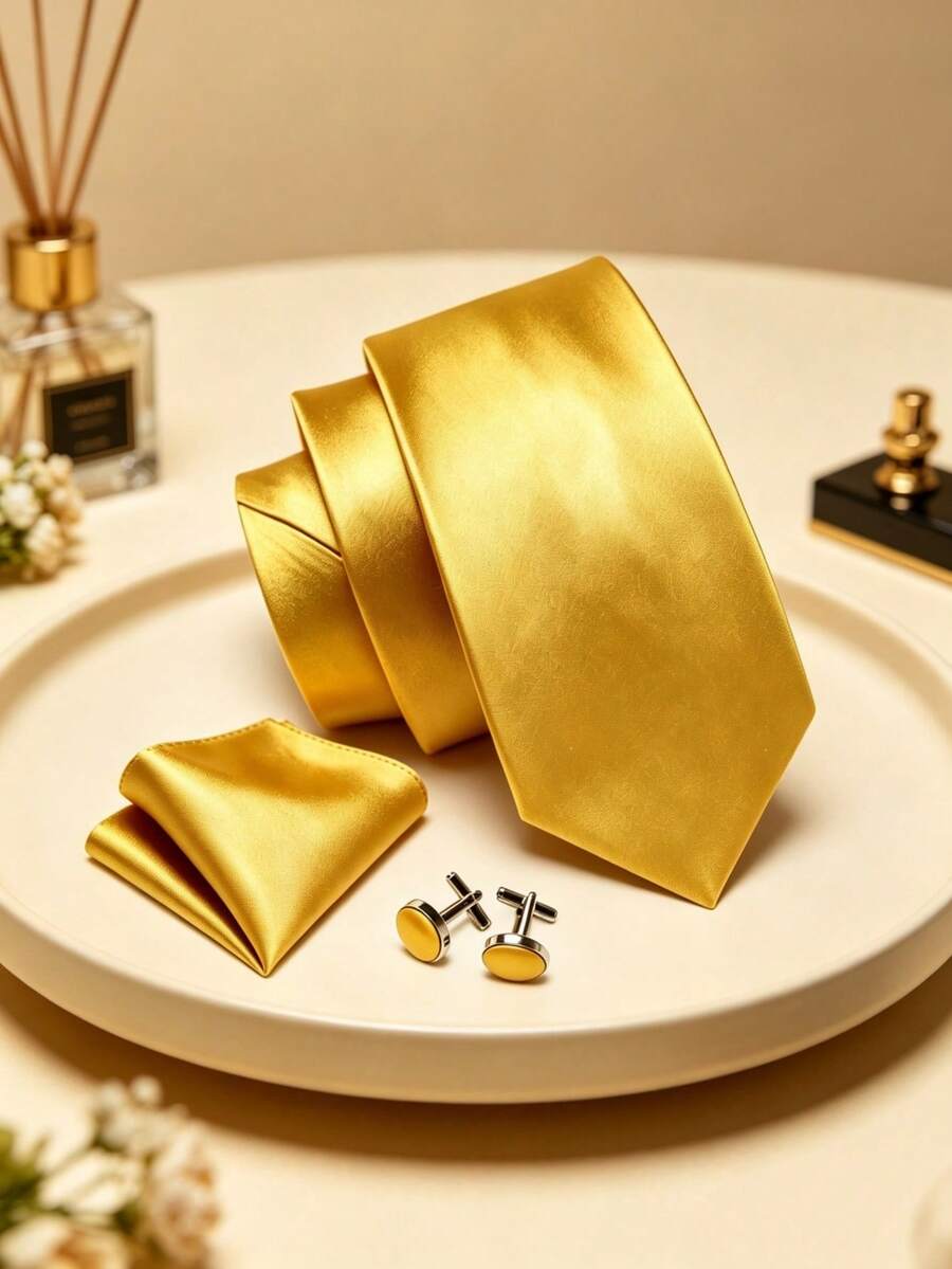 1pc Barry Wang Silk Men's Tie Set, Gold & Dark Green Solid Color Tie, Pocket Square, Cufflinks Set, Wedding, Business, Banquet - Yellow - View 1