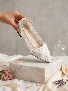 Women's White Pointed Toe Ballet Flats, Lace Mesh Rose Flower Decor, Breathable Hollow Out Slip-On Flat Shoes, Suitable For Party And Daily Wear - White - View 5