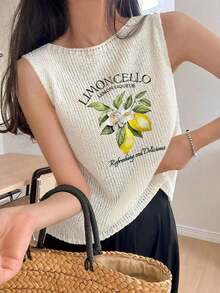 Spring/Summer New Round Neck Women's Tank Top With Lemon Print, White Summer T-Shirt, Minimalist & Fashionable, Suitable For Commuting, Women's Summer Top - White - View 1