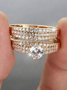 2pcs/Set Fashion Stackable Rings, Minimalist Luxury Cubic Zirconia Couple Rings, Versatile For Engagement, Wedding, Party And Daily Wear - Perfect Birthday, Anniversary Or Jewellery,Accessories - Gold - View 5
