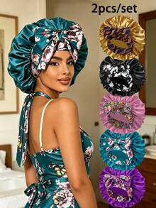 3pcs Women's Floral Print Bow Satin Hair Caps, Soft Elastic Band, Silky Hair Protection Night Cap, Suitable For Home Daily Use (Random Print Pattern) - Multi-color 3pcs - View 26