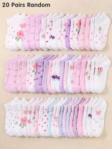 5/10/20 Pairs Random Floral Butterfly Princess Style Girls Short Socks, Soft & Breathable, Student Socks, Casual Daily Wear, Halloween Party, Back To School Outfit - Multicolor - View 5