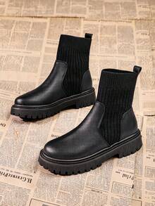 Classic Round Toe Thick Sole Fabric Patchwork Women's Ankle Boots, Autumn/Winter New Slip-On Black Boots - Black - View 1