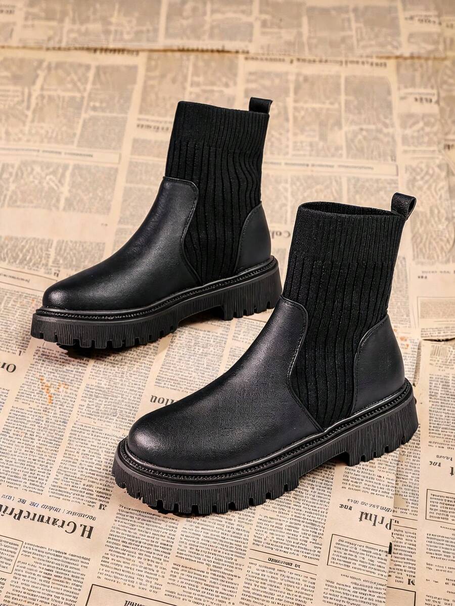 Classic Round Toe Thick Sole Fabric Patchwork Women's Ankle Boots, Autumn/Winter New Slip-On Black Boots - Black - View 1
