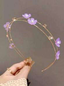 1pc Double Layer Alloy Thin Hair Tie With Faux Pearl Flower Decoration, Sweet Hair Accessory, Girls Headpiece - Multicolor - View 3
