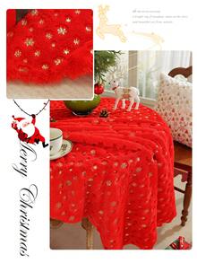 1pc Red Christmas Snowflake Foil Printed Velvet Tablecloth, Gold Christmas Snowflake Pattern Dining Tablecloth, Rectangular Tablecloth Christmas Holiday Restaurant Home Decor - Red - View 5