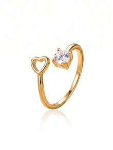 1pc Elegant Heart-Shaped Single Diamond Gold Ring, Four-Prong Zirconia Inlay, Adjustable Open Band, Suitable For Women's Engagement Or Daily Wear - Gold - View 5