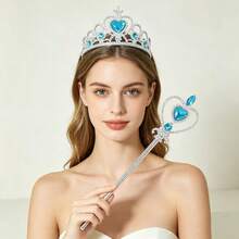2pcs/Set Blue Heart Rhinestone Crown And Snowflake Magic Wand Set, Princess Style Accessories,Halloween - Blue - View 9