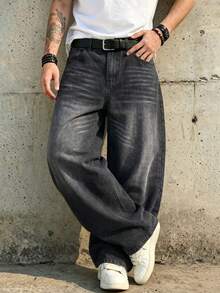 1 buah Celana Jeans Pria Model Longgar Kaki Lebar Gaya Vintage, Tidak Melar, Cocok untuk Pakaian Kasual dan Kerja - Hitam - View 4
