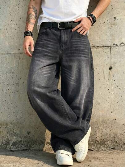 1pc Vintage Washed Loose Fit Wide Leg Men's Jeans, Non-Stretch, Suitable For Casual And Work Wear
