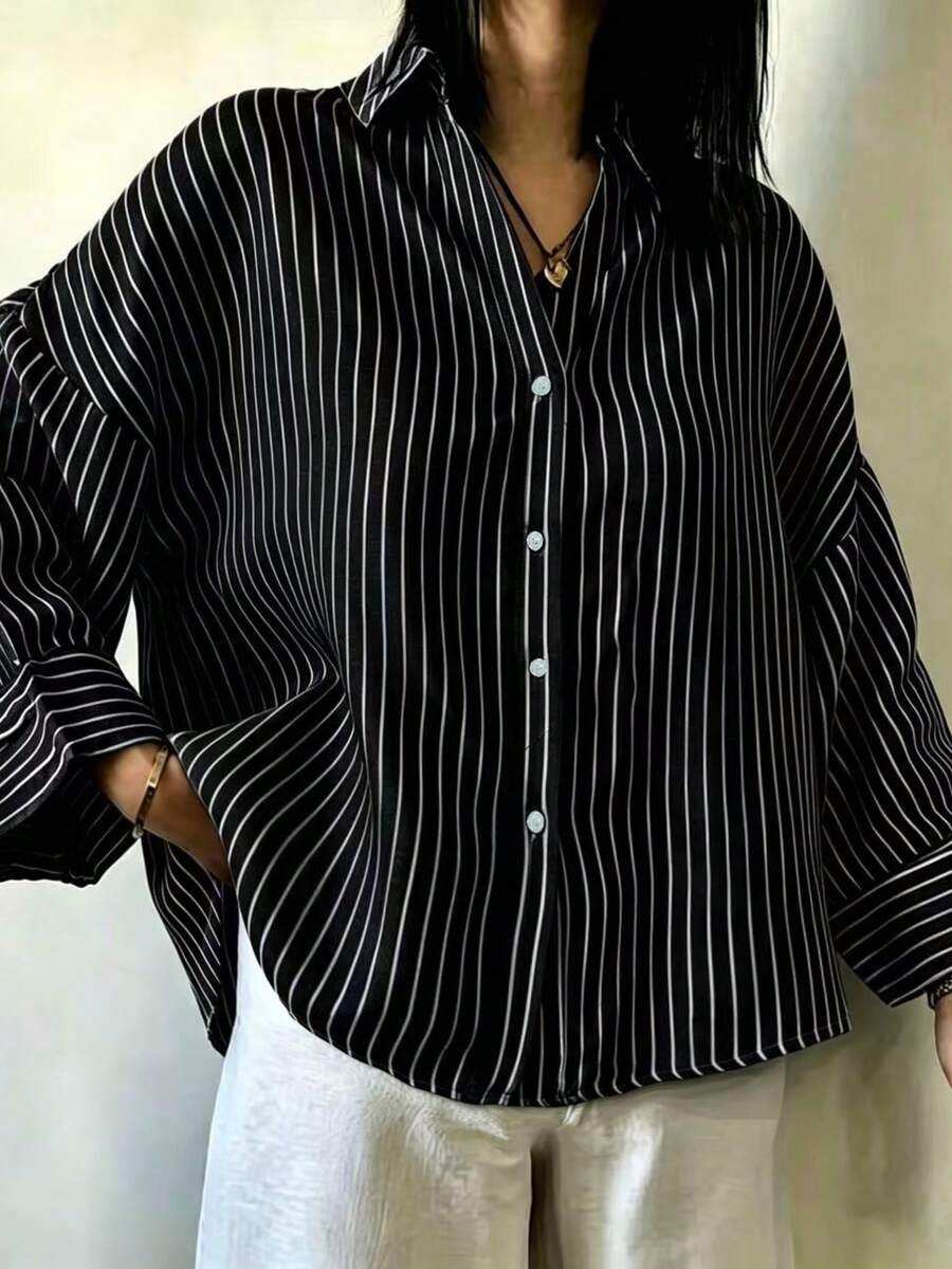 Fashion Plus Size Women's Shirt, Striped Woven Fabric, Lapel Collar, Dropped Shoulder, Long Sleeve, Button Detail, Casual Top - Black - View 1