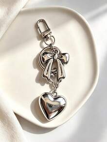 1pc Vintage Y2K Silver Bowknot Heart Keychain, Multi-Pendant Handbag/Wallet Or Keyring Decorative Accessory - Silver - View 6