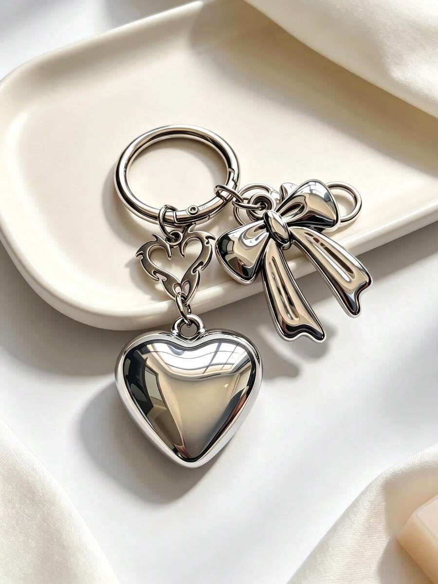 1pc Vintage Y2K Silver Bowknot Heart Keychain, Multi-Pendant Handbag/Wallet Or Keyring Decorative Accessory - Silver - View 1