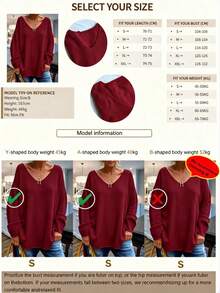 1pc V-Neck Knit Top, Front Short Back Long Hem With Slit, Suitable For Spring, Autumn, Winter Fall - Burgundy - View 8