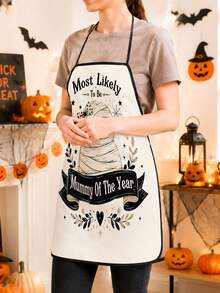 1pc Halloween Themed Apron, Vintage American Halloween Slogan Print, Polyester, 55*68cm, Home Cooking Baking Anti-Stain Apron, Halloween Party Kitchen Gift Workwear - Multicolor - View 9